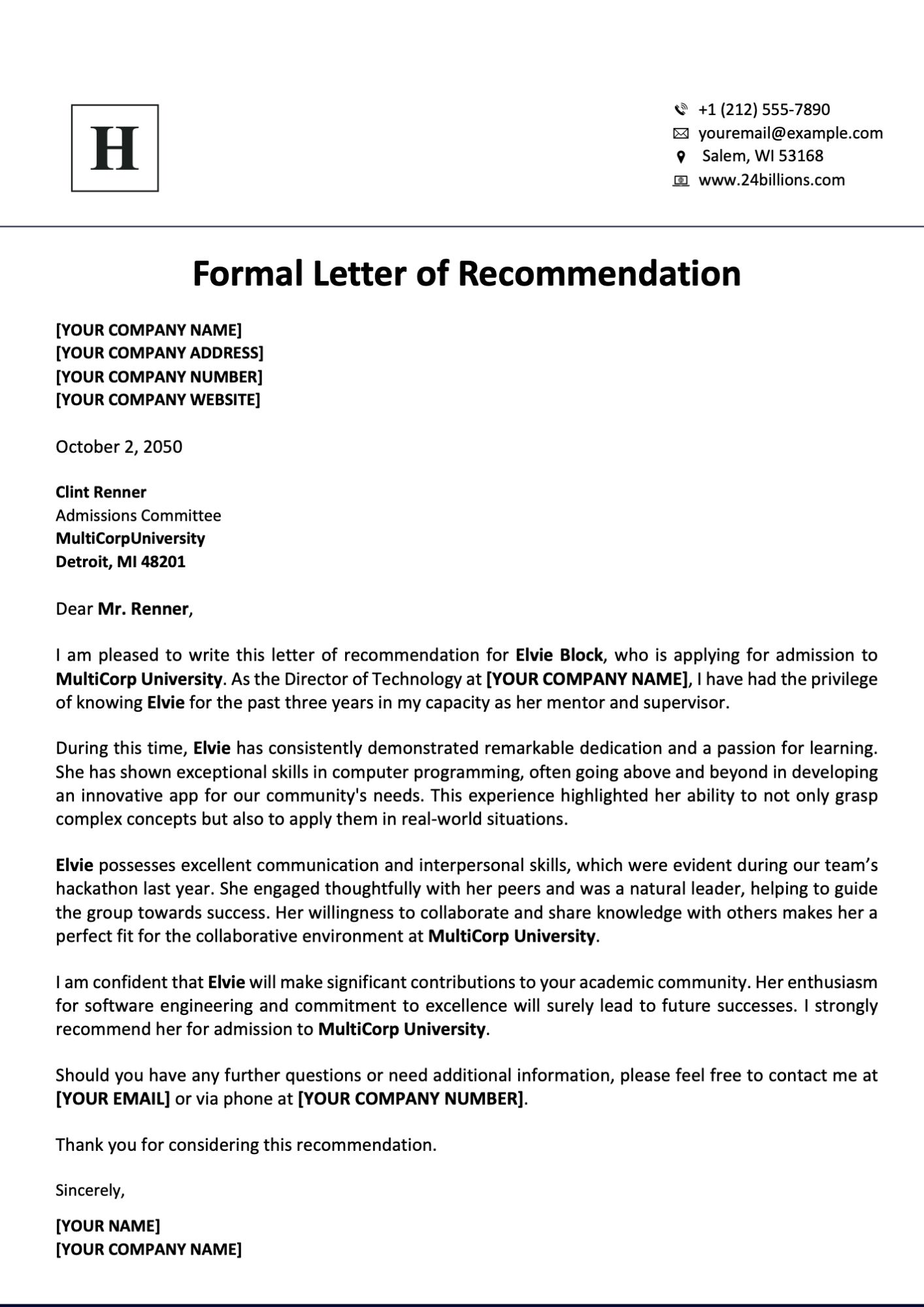 Formal Letter of Recommendation Template
