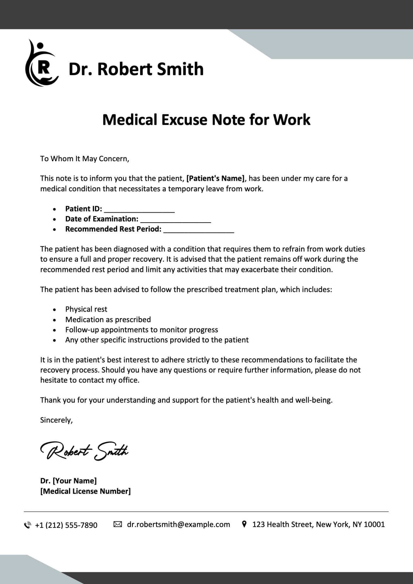Medical Excuse Note for Work Template