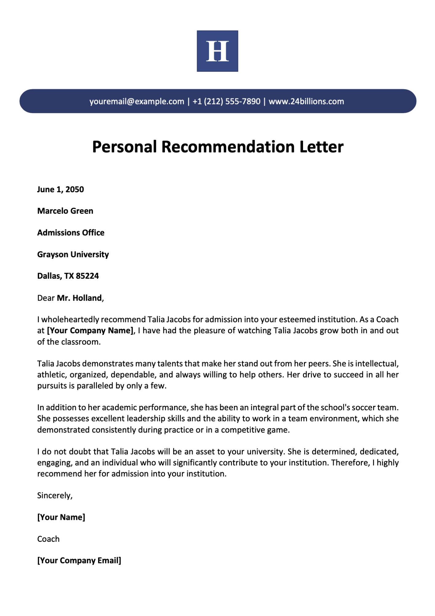Personal Recommendation Letter Template