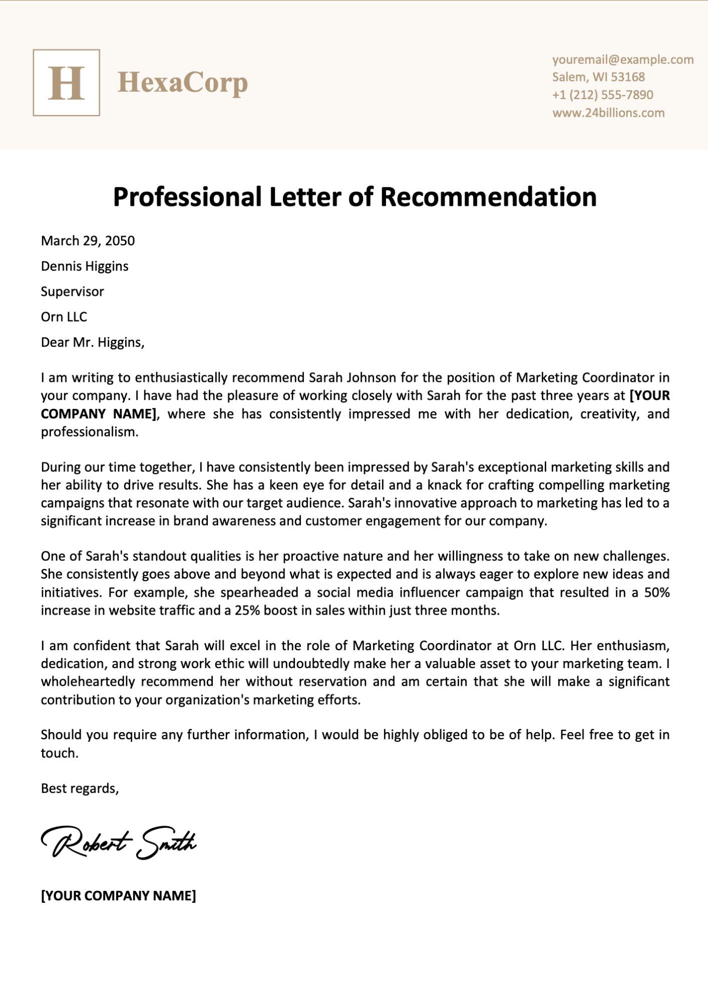 Professional Letter of Recommendation Template