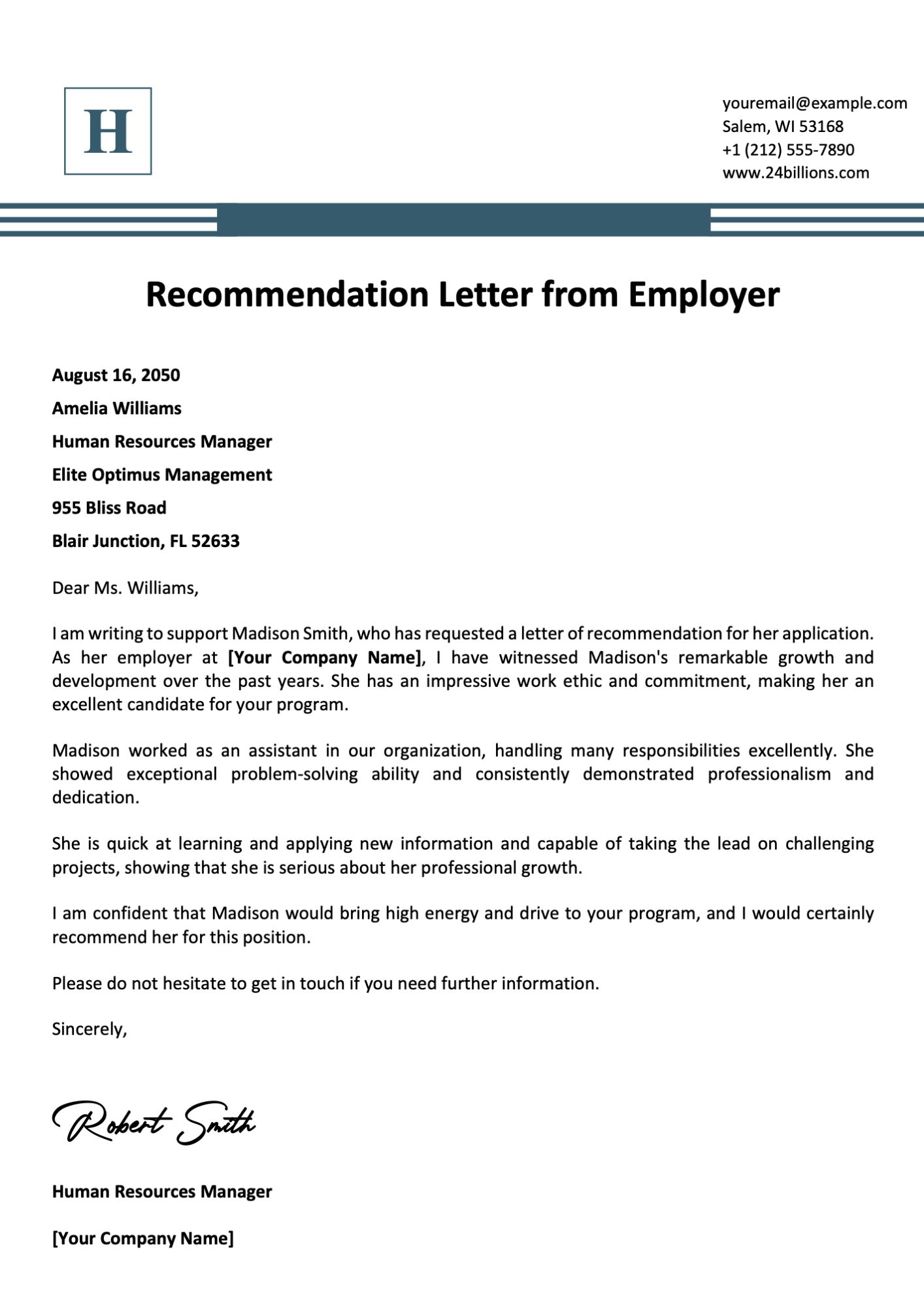 Recommendation Letter from Employer Template
