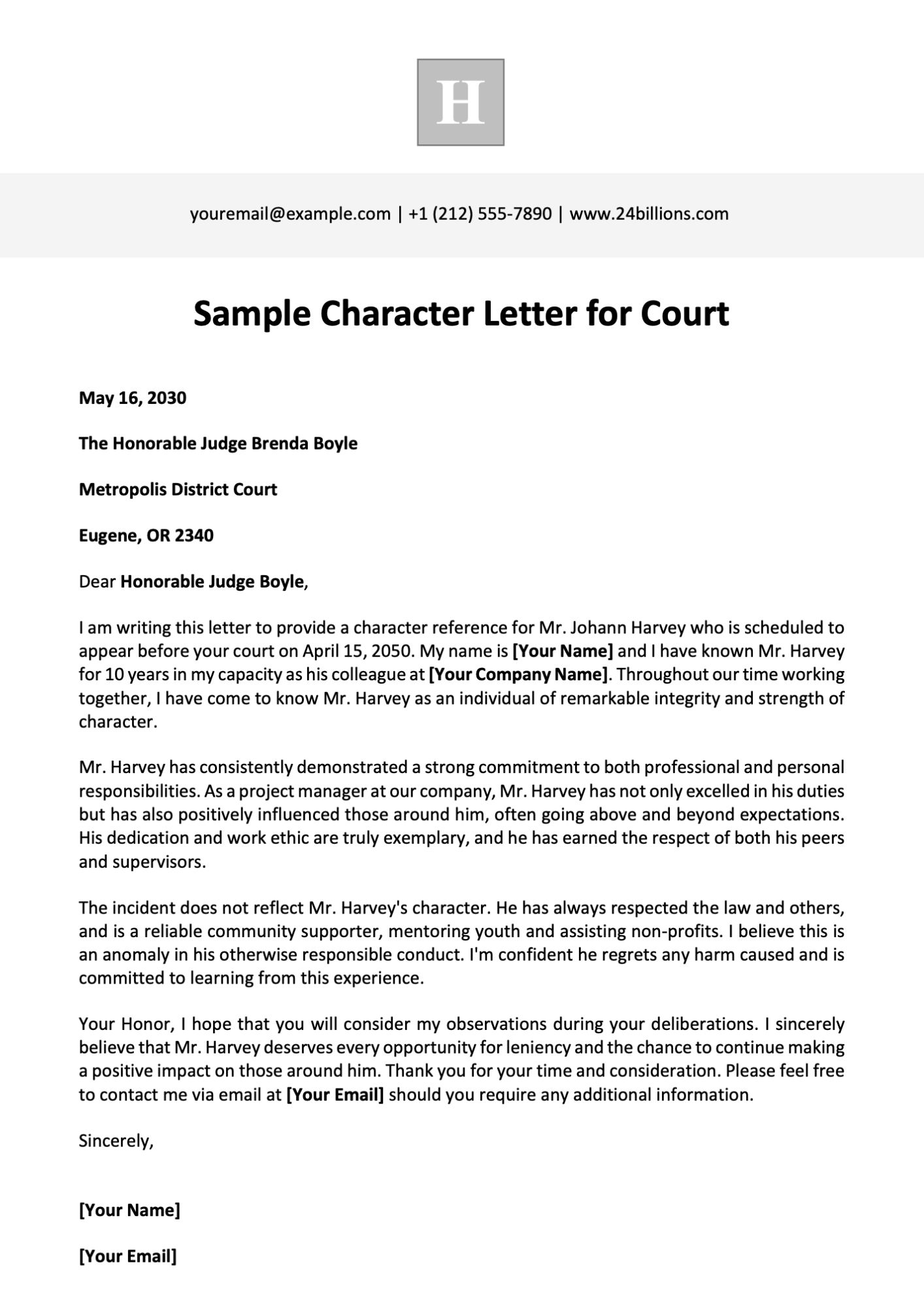 Sample Character Letter for Court Template