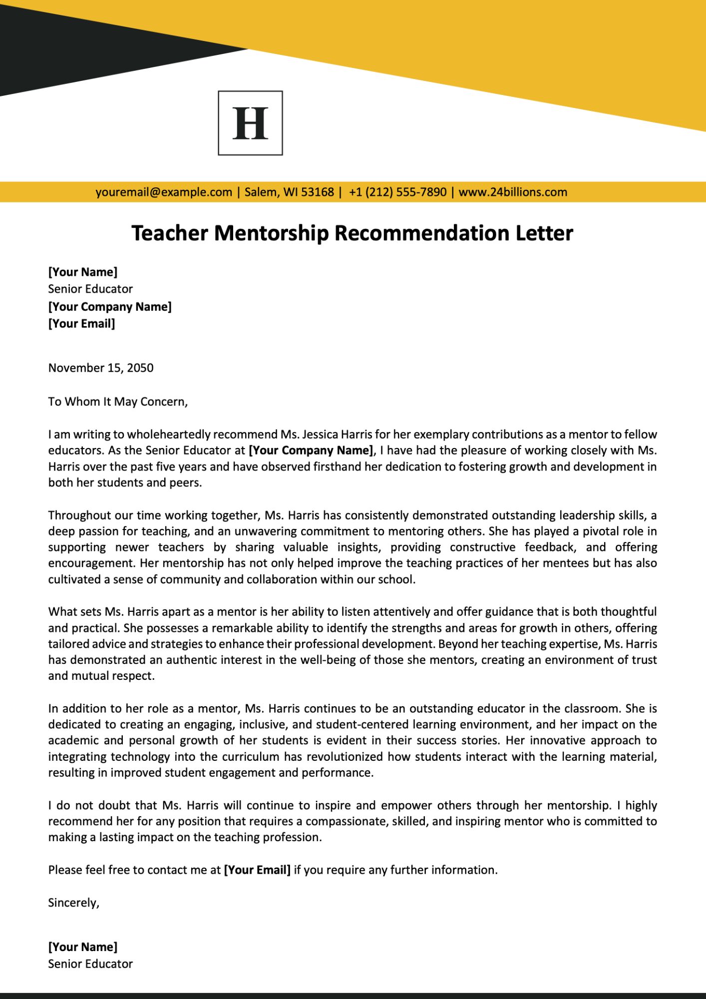 Teacher Mentorship Recommendation Letter Template