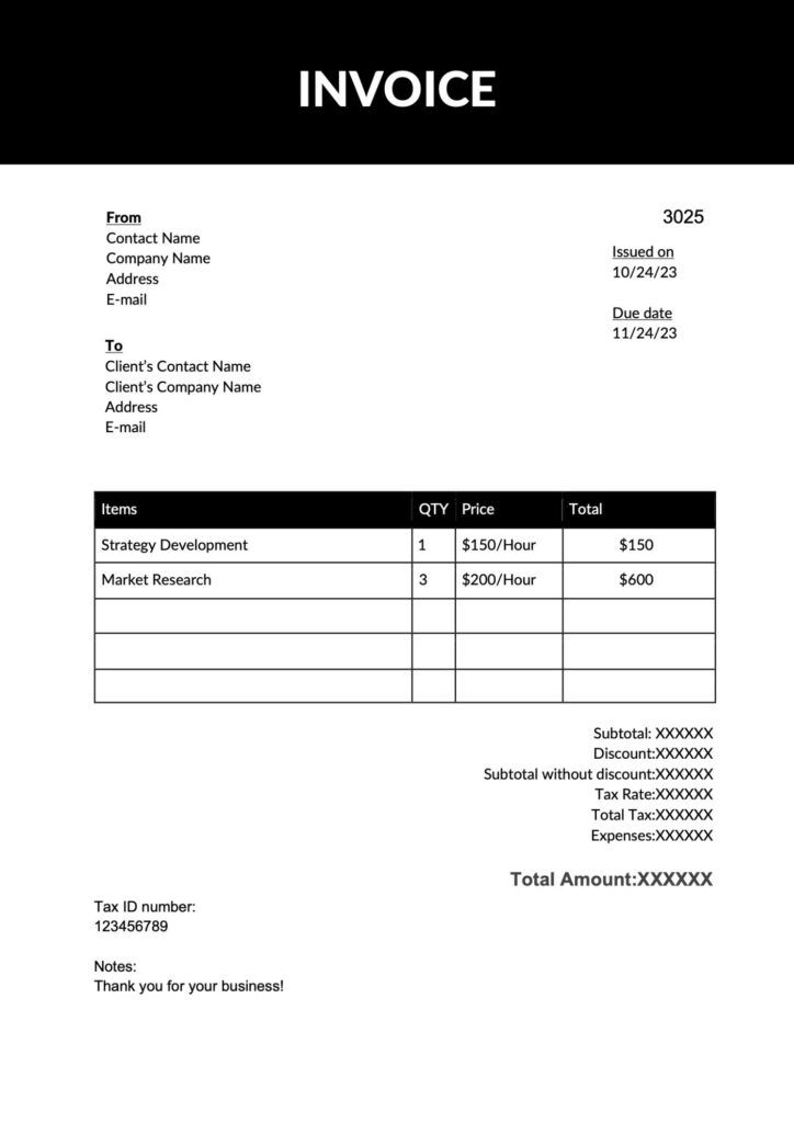 Hourly Billing Invoice – Word Format
