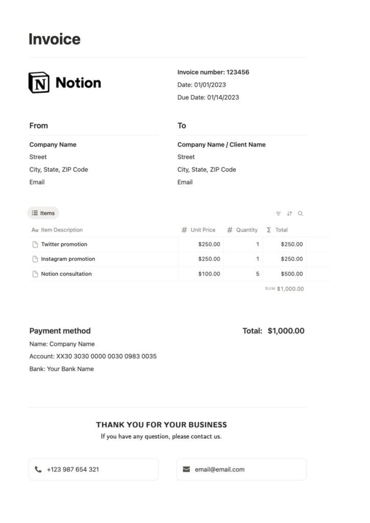 Notion Invoice Template