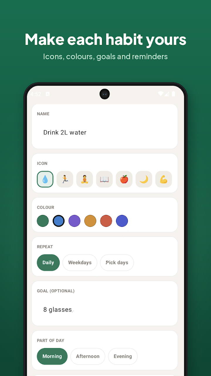 Everso add habit screen with icon, color, repeat, goal and part of day