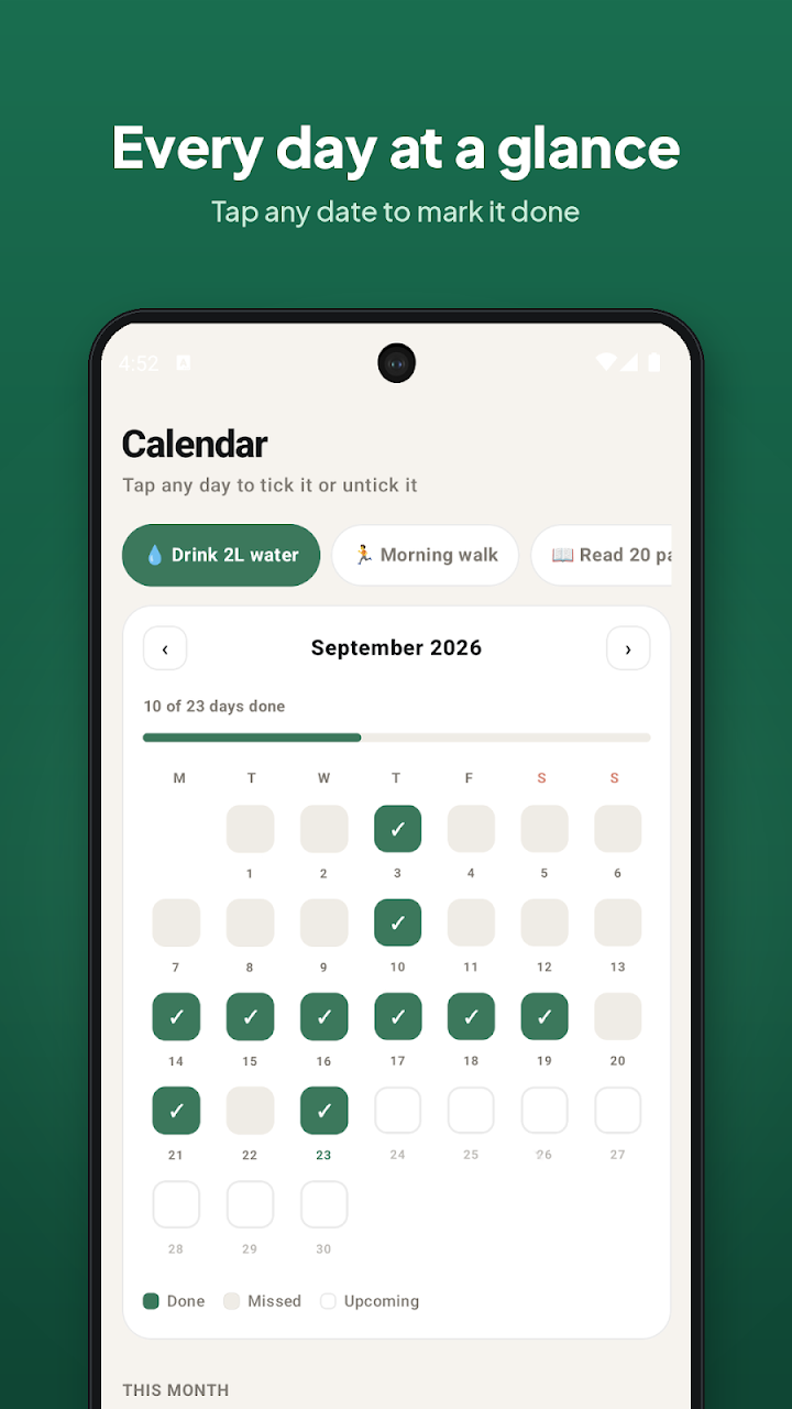 Everso habit tracker calendar screen with tap-to-tick days
