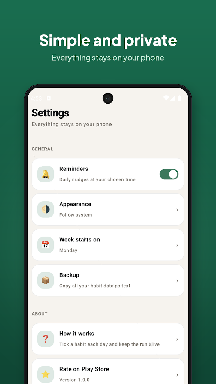 Everso habit tracker settings with reminders, appearance and backup