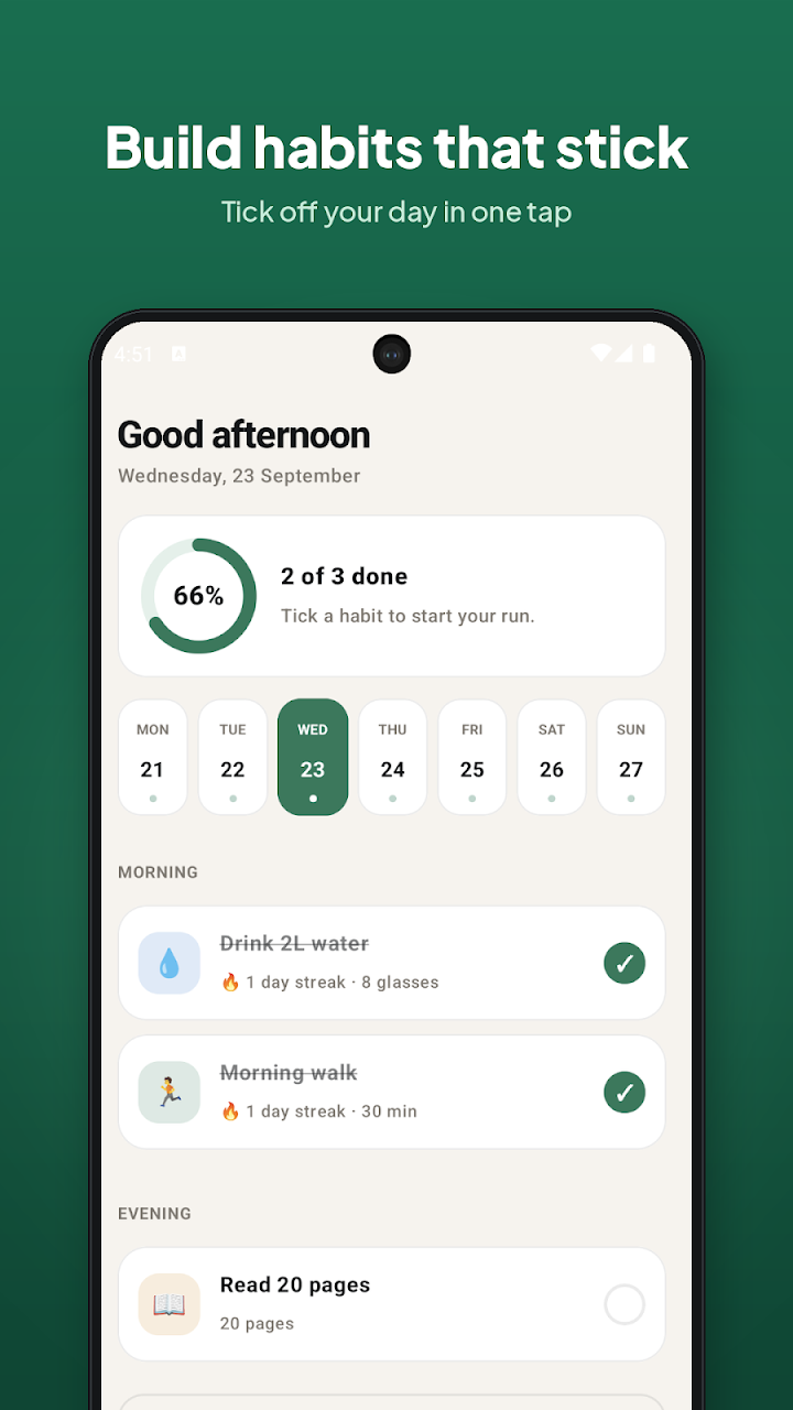 Everso habit tracker today screen with progress ring and streaks