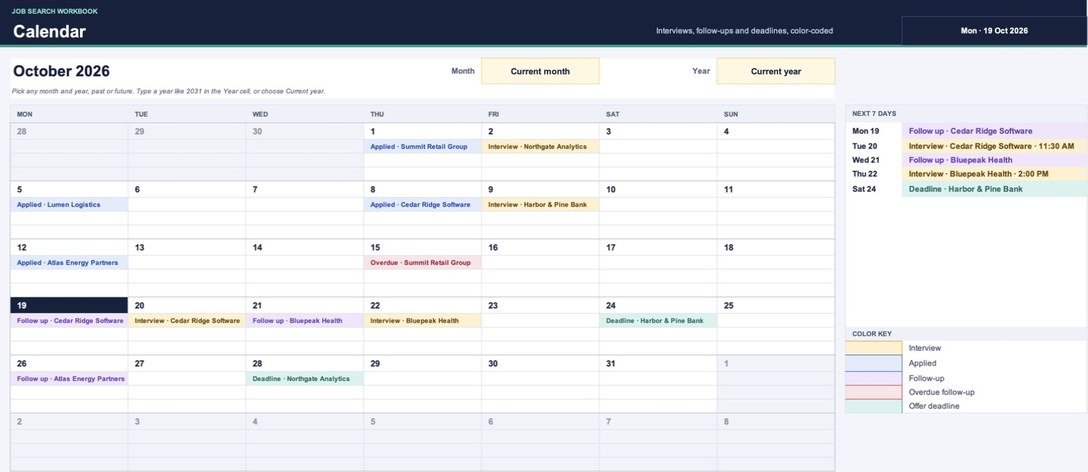 Job search calendar with interviews, follow-ups, and offer deadlines color-coded by type